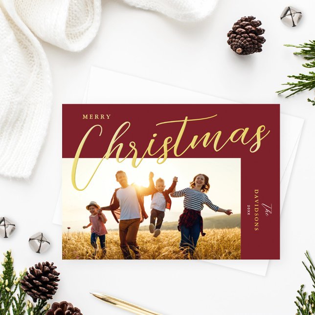 Carte De Vœux En Aluminium Joyeux Noël Vin Moderne Gold Script Photo (Créateur téléchargé)