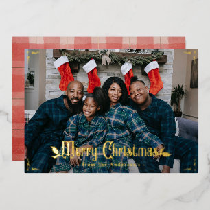 Carte De Vœux En Aluminium Joyeux Noël vintage Rouge Plaid Photo personnalisé