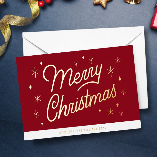 Carte De Vœux En Aluminium Joyeux or de Noël (Elegant Merry Christmas Card. Gold Foil Script Lettering over a holiday red background. )