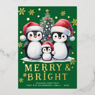 Carte De Vœux En Aluminium Joyeux pingouins amusants Vert Rouge Or Noël