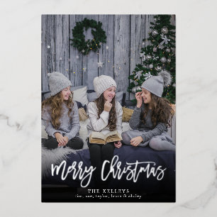 Carte De Vœux En Aluminium Joyeux script de pinceau de Noël, pleine photo Sil