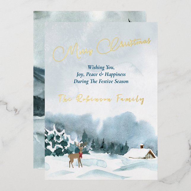 Carte De Vœux En Aluminium Joyeux Xmas Gold Lettres Aquarelle Hiver paysage (Recto/Verso)