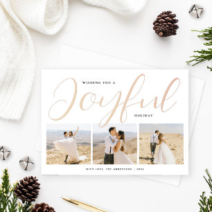 Carte De Vœux En Aluminium Joyful Modern Rose Gold Script Photo Collage