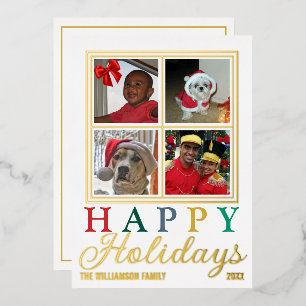 Carte De Vœux En Aluminium Lettres colorées 4 Photo Chic Happy Holidays Gold