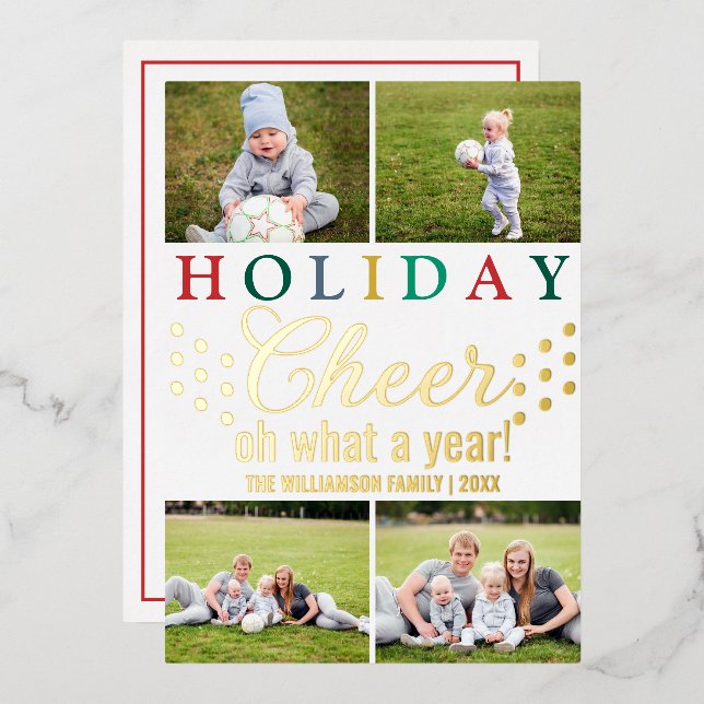 Carte De Vœux En Aluminium Lettres colorées 4 Photo Chic Holiday Cheer Gold (Recto/Verso)