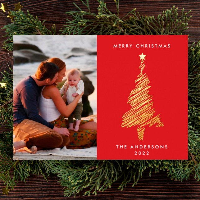 Carte De Vœux En Aluminium Ligne d'or tirée à la main Arbre de Noël rouge | P (Créateur téléchargé)