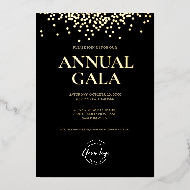 Carte De Vœux En Aluminium Luxe Black Gold Confetti Company Logo Gala annuel (Recto)
