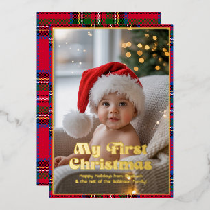 Carte De Vœux En Aluminium Ma première photo de bébé Noël Tartan à carreaux
