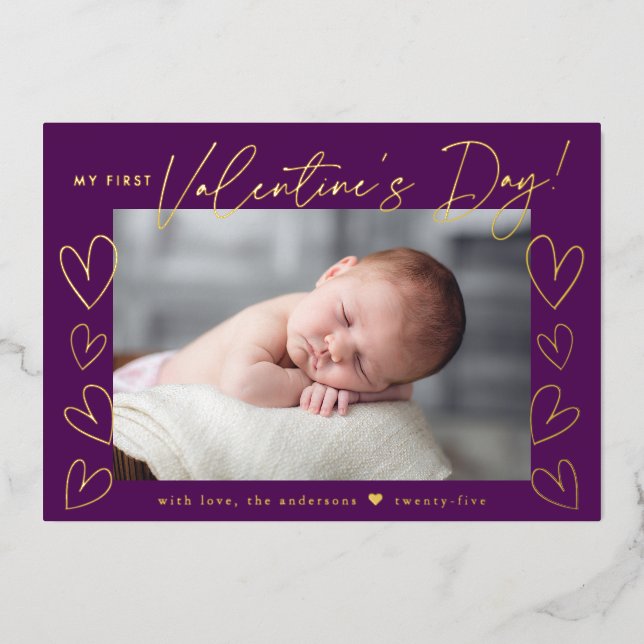 Carte De Vœux En Aluminium Ma première Saint Valentin Script violet photo (Recto)