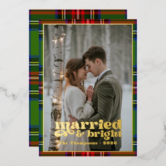Carte De Vœux En Aluminium Marié & Bright Tartan Plaid Newlywees Noël (Recto/Verso)