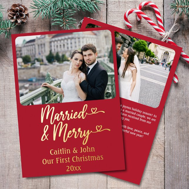 Carte De Vœux En Aluminium Marié Joyeux jeunes mariés Personnalisé Rouge Prem (Married & Merry Custom 2-Photo Christmas Card in Red, with Personal Message & Photo on Back.)