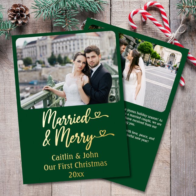 Carte De Vœux En Aluminium Marié Merry Newlyweets Custom Green 1er Noël (Married & Merry Christmas Card Custom 2-Photo in Green with Personal Message on the Back.)