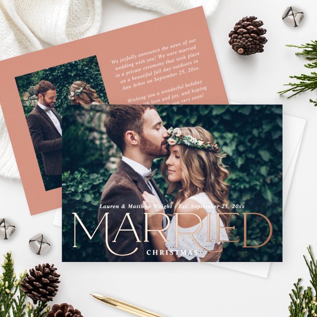 Carte De Vœux En Aluminium Marié Noël Élégant Rose Gold Mariage Photo (Créateur téléchargé)