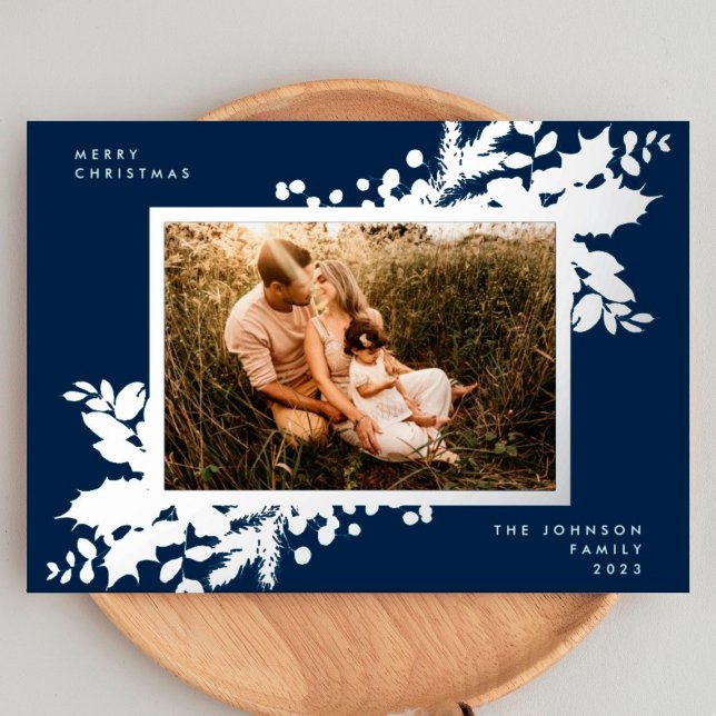 Carte De Vœux En Aluminium Marine Bleu Joyeux Noël Holly Photo Silver (Créateur téléchargé)