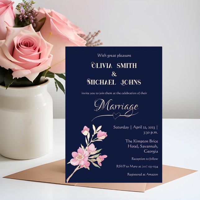 Carte De Vœux En Aluminium Marine et or rose vif Floral Faire-part de mariage (Créateur téléchargé)