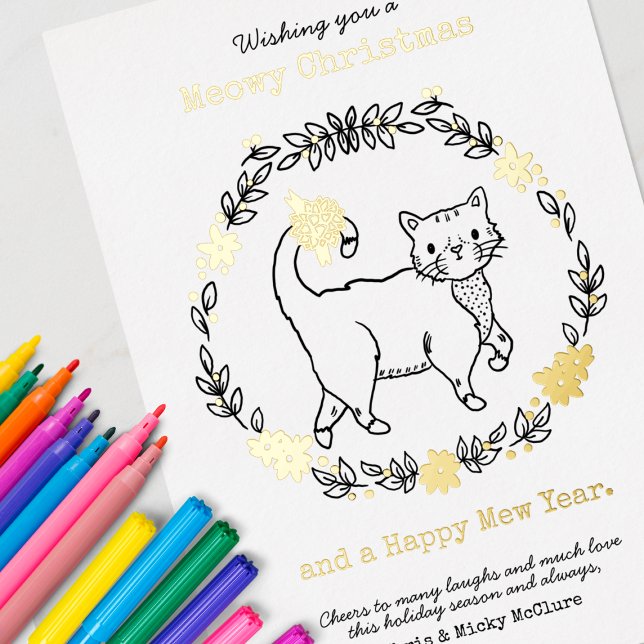 Carte De Vœux En Aluminium Meowy Christmas adorable chat (Use markers for best results on these cute color-your-own cards!)