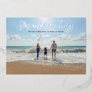 Carte De Vœux En Aluminium Mer en feuille d'argent et salutations Plage Noël