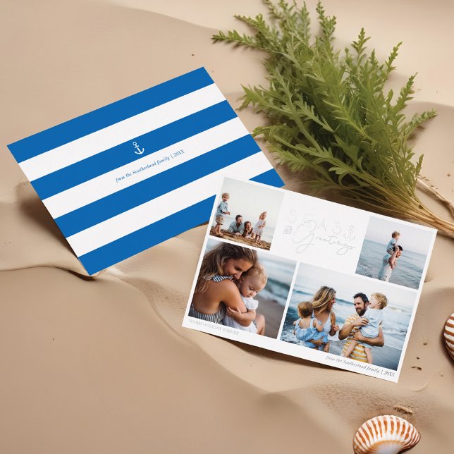 Carte De Vœux En Aluminium Mer et salutations Bleu Nautique Multiphoto (Seas & Greetings Blue Nautical Multiple Photo Foil Holiday Card)