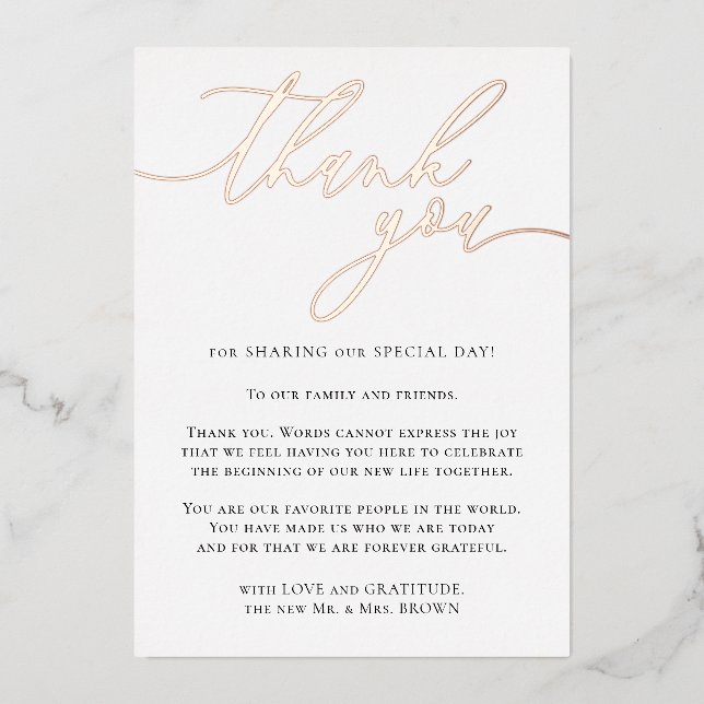 Carte De Vœux En Aluminium Merci photo personnalisé rose Gold (Recto)