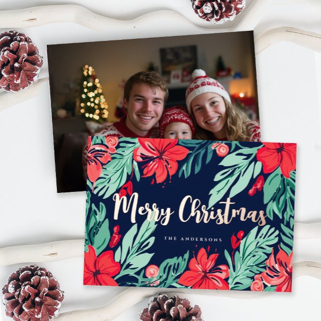 Carte De Vœux En Aluminium Merry Christmas Blue Red Elegant Botanical Photo (Créateur téléchargé)
