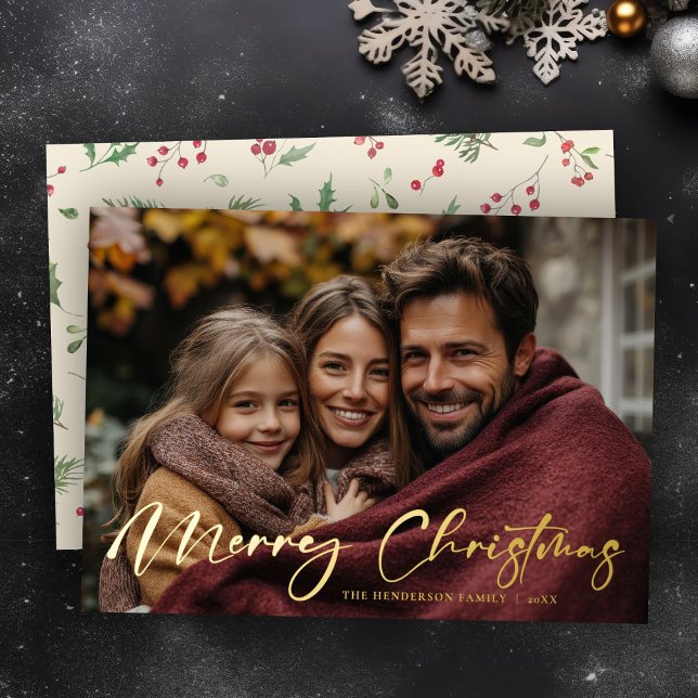 Carte De Vœux En Aluminium Merry Christmas Foliage Photo Foil Holiday Card (Créateur téléchargé)