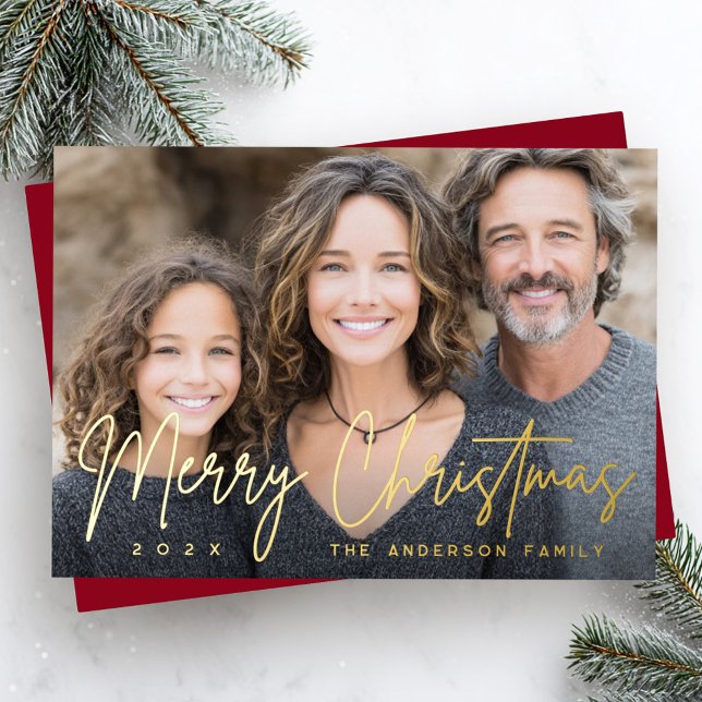 Carte De Vœux En Aluminium Merry Christmas modern script deep red photo (Merry Christmas modern script deep red photo Foil Holiday Card)