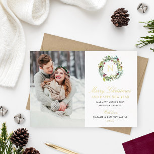 Carte De Vœux En Aluminium Merry Christmas Photo Winter Greenery Monogram