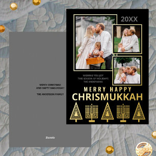Carte De Vœux En Aluminium Merry Happy Chrismukkah Chic 3 Photo Gold