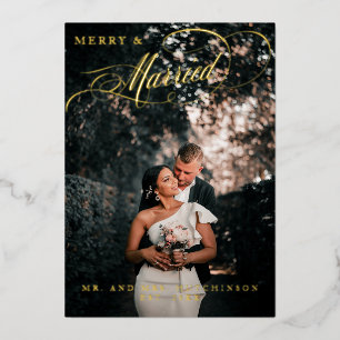 Carte De Vœux En Aluminium Merry & Married Élégant Script Photo Feuille de mé