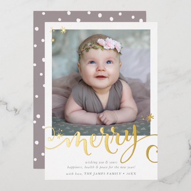 Carte De Vœux En Aluminium MERRY PHOTO CHRISTMAS fun calligraphy snap (Recto/Verso)