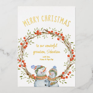 Carte De Vœux En Aluminium Mignonne Noël Snowman Winter Berry Wreath Gold
