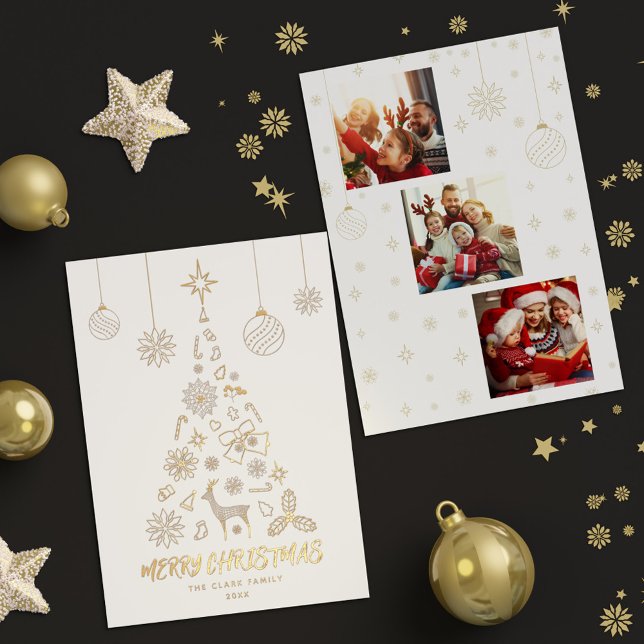 Carte De Vœux En Aluminium Minamaliste White Christmas Tree 3 Photo Collage (Minamalist White Christmas Tree 3 Photo Collage Fo Foil Holiday Card)