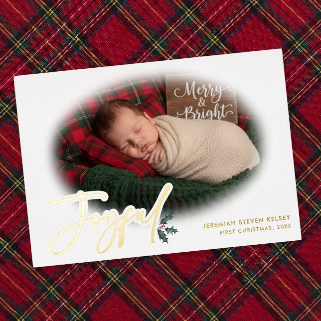 Carte De Vœux En Aluminium Minimal Baby First Christmas Joyful (Minimal Baby First Christmas Joyful Foil Holiday Card)