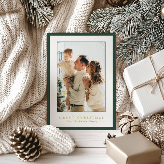 Carte De Vœux En Aluminium Minimal Green Border Photo Elegant Christmas (Créateur téléchargé)