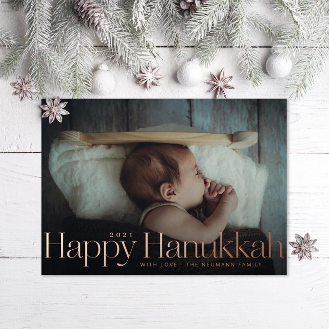 Carte De Vœux En Aluminium Minimum Happy Hanoukka Holiday Photo Rose Gold (Créateur téléchargé)
