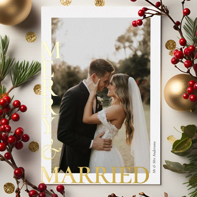 Carte De Vœux En Aluminium Modern Merry Married Photos Gold Script (Créateur téléchargé)
