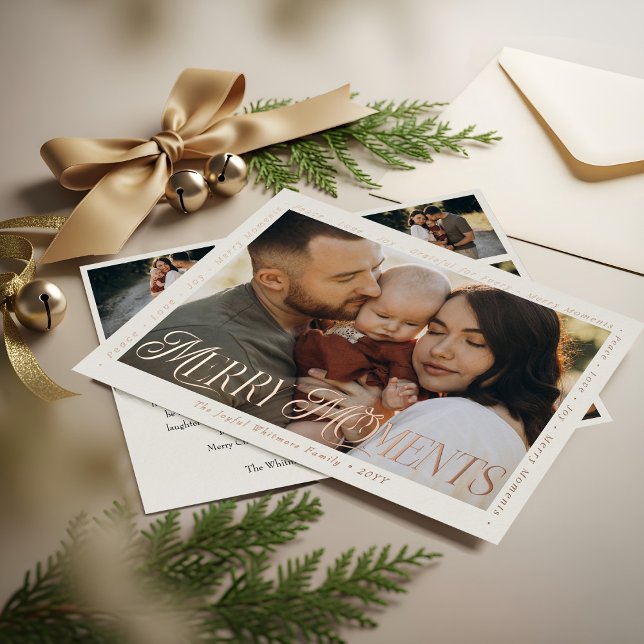 Carte De Vœux En Aluminium Modern Minimal Bow Merry Moments Photo Collage (Modern Minimal Bow Merry Moments Photo Collage Foil Holiday Card)
