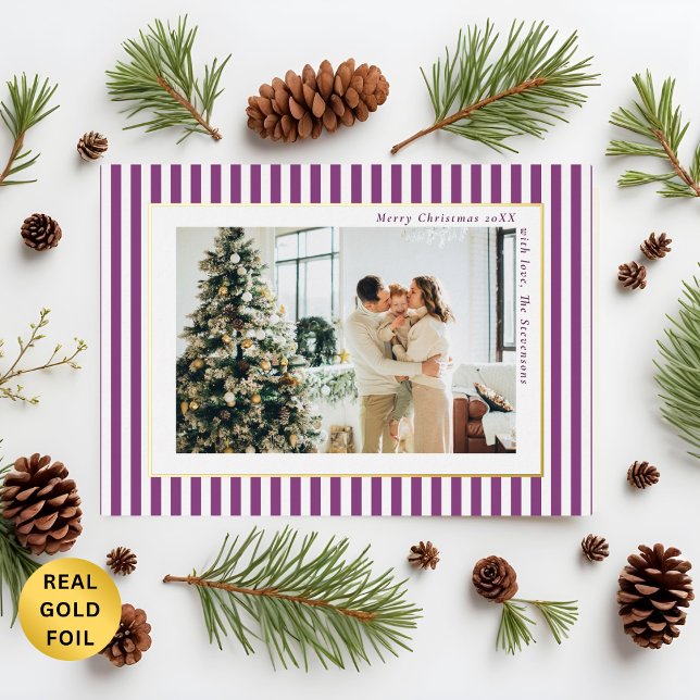 Carte De Vœux En Aluminium Modern Plum Stripes Photo Christmas Gold (Créateur téléchargé)