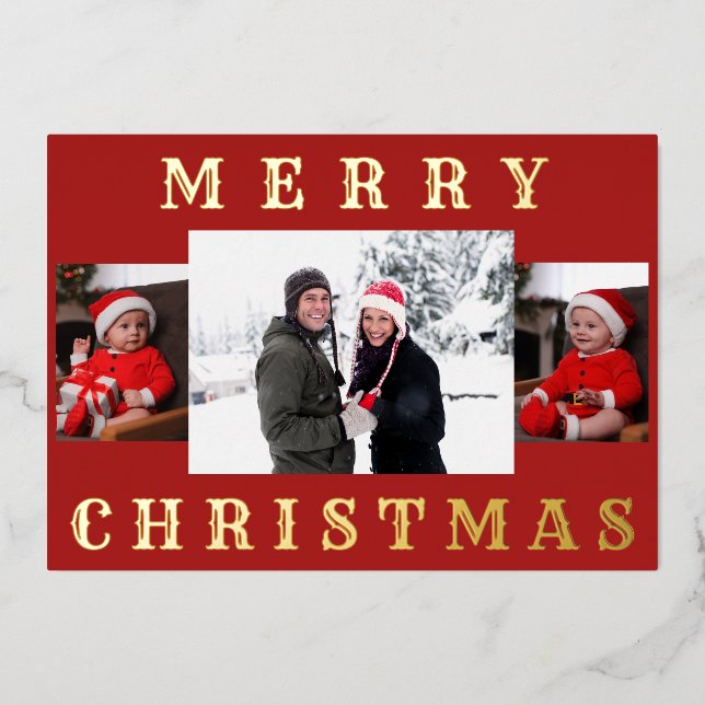 Carte De Vœux En Aluminium Moderne minimaliste Joyeux Noël Famille Photo Roug (Recto)