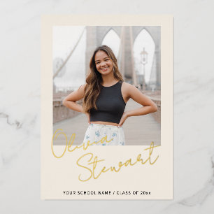 Carte De Vœux En Aluminium Moderne minimaliste Script Graduation Photo Gold