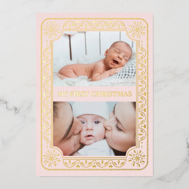 Carte De Vœux En Aluminium Mon premier Noël 2 Photo Keepsaké Gold (Recto)