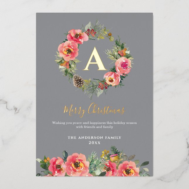 Carte De Vœux En Aluminium Monogram Gray Floral Botanical Wreath Christmas (Recto)