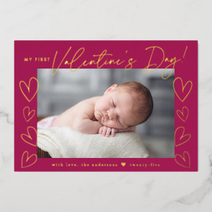 Carte De Vœux En Aluminium My First Valentine's Day Script Fuchsia Photo