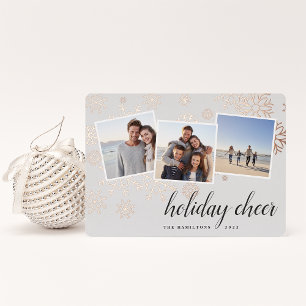 Carte De Vœux En Aluminium Neige dorée   Snowflake Photo Collage Rose Gold