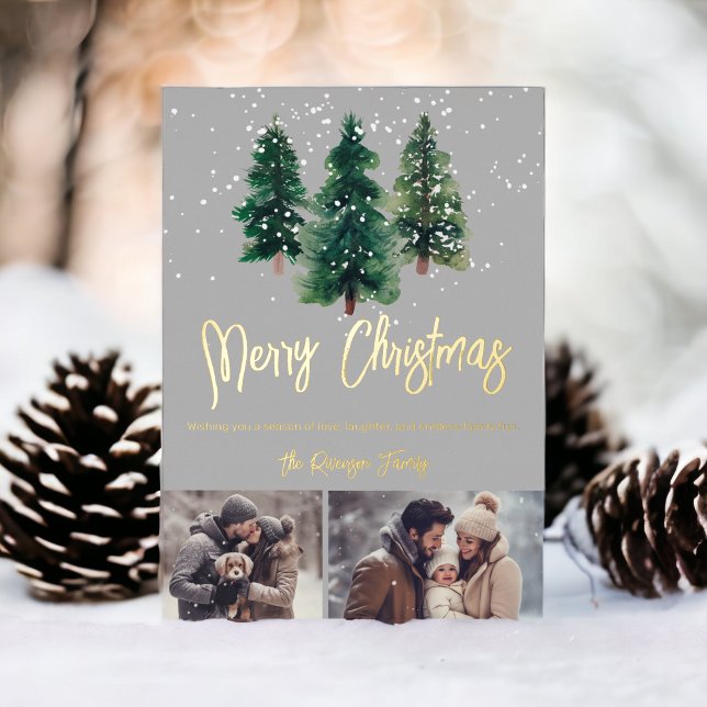 Carte De Vœux En Aluminium Neige élégante noël arbres famille 2 photos (Snow elegant christmas trees family 2 photos Foil Holiday Card)