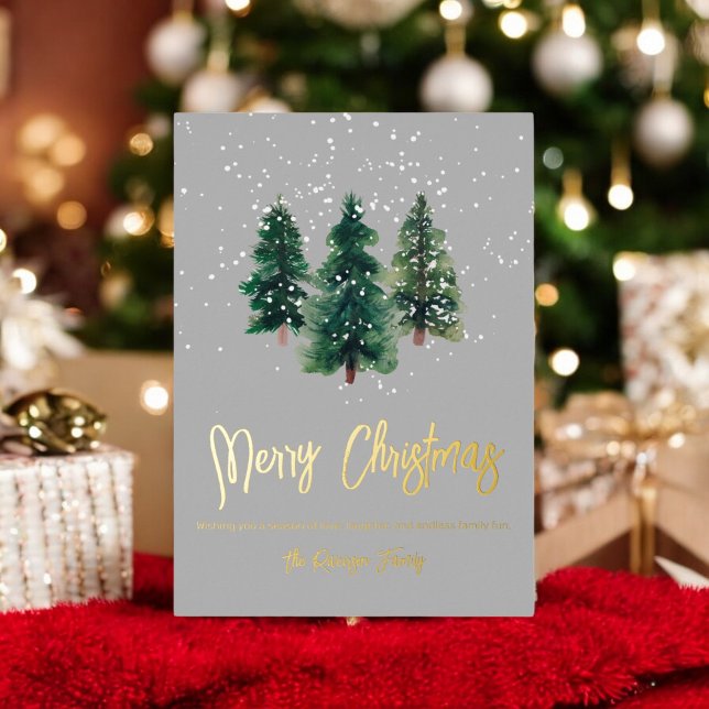 Carte De Vœux En Aluminium Neige vert élégant aquarelle arbres de Noël (Snow elegant green watercolor christmas trees Foil Holiday Card)