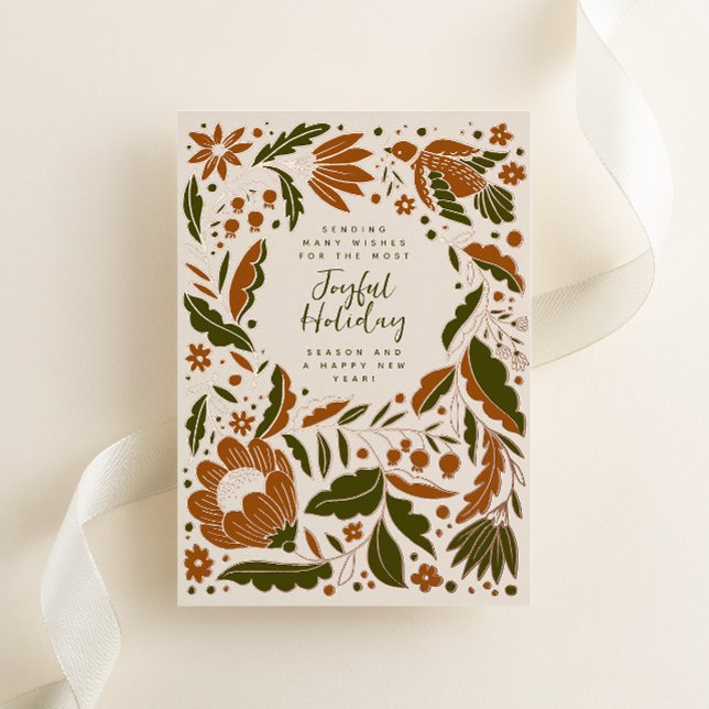 Carte De Vœux En Aluminium Neutraux Chaleureux Joyful Holiday Folk Illustrati (Folk art style flowers, vines and a peace dove shine on this cream festive non-photo Christmas card)