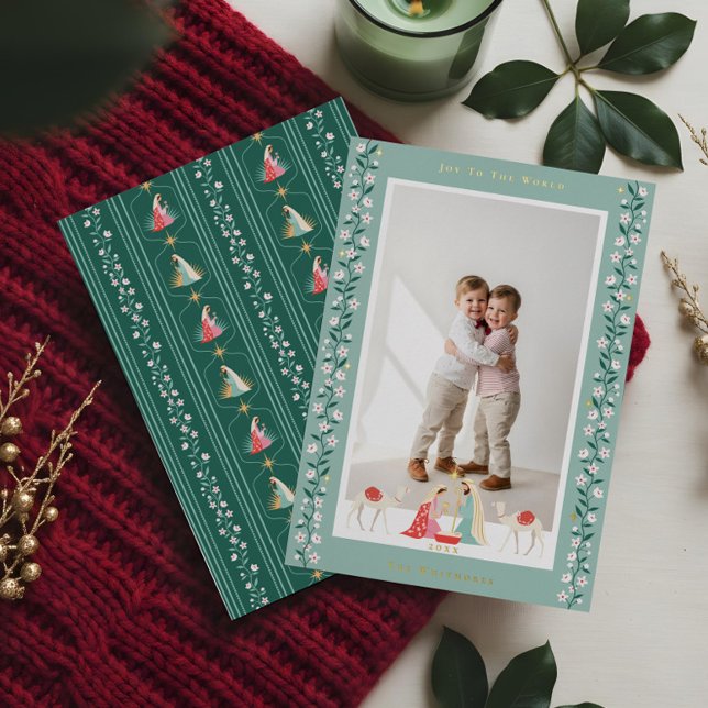 Carte De Vœux En Aluminium Noël Crèche religieuse Scène Famille Photo (Christmas Religious Nativity Scene Family Photo Foil Holiday Card)