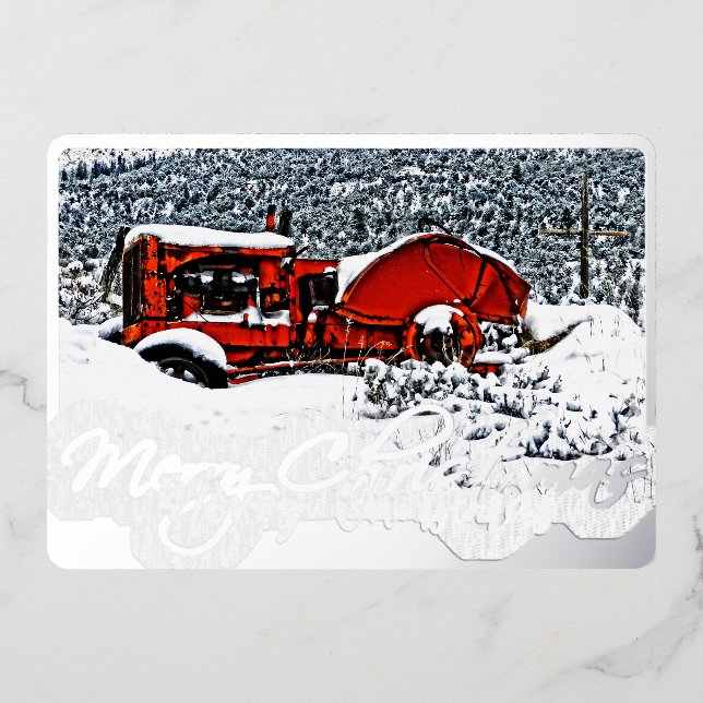 Carte De Vœux En Aluminium Noël du tracteur à neige (Recto)
