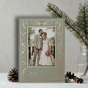 Carte De Vœux En Aluminium Noël Photo Rose Gold avec Feuillage Élégant